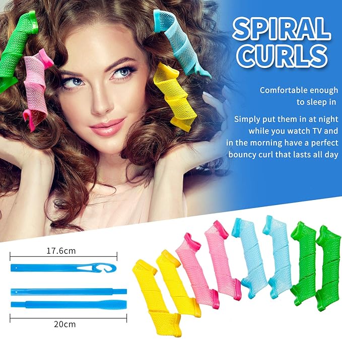 WILLBOND 28 Pieces Heatless Curlers No Heat Spiral Curls Hair Curlers Styling Kit with 2 Pieces Styling Hooks for Most Kinds of Hairstyles (Assorted Color, 20 cm)