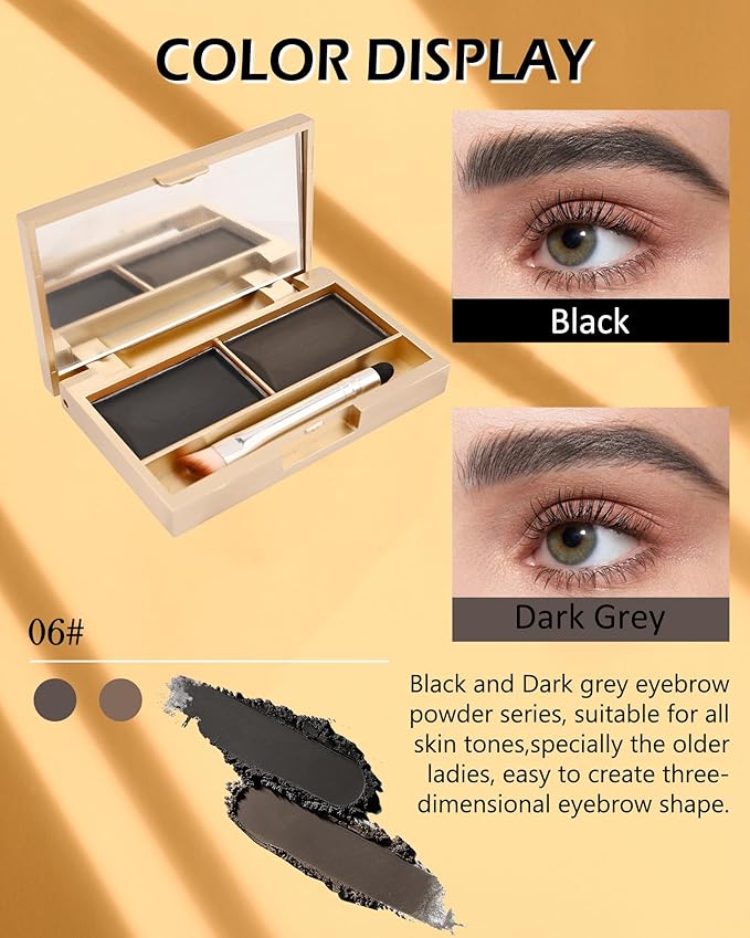 Eyebrow Powder Kit- 2 Color Soft Tinted Eye Brow Powder Palette,Waterproof Longlasting Dark Black/Dark Grey Brow Filler,Professional Eyebrow Makeup for Older Women with Mirror Brow Brush & Razor-Set06