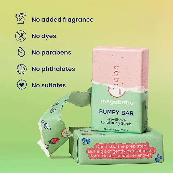 Megababe Bumpy Bar | Pre-Shave Exfoliating Scrub | with Shea Butter, Strawberry Fruit Extract & Ceramides | 4.5 oz