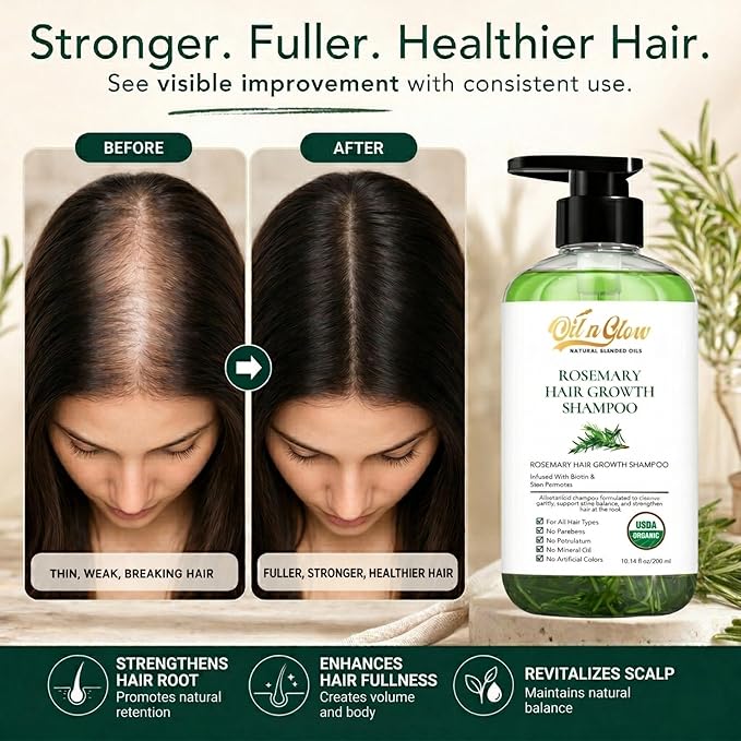 USDA Organic Rosemary Shampoo For Hair Growth For Thickening & Strengthening for Men & Women with Biotin, Scalp DHT Blocker Saw Palmetto For Thinning Hair Loss 10 Fl. Oz- Fragrance Free