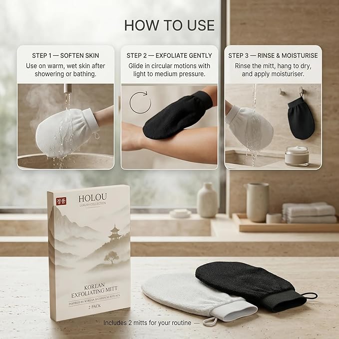 Korean Exfoliating Mitt & Exfoliating Glove 2 Pack – Dual Density Body Scrub Gloves & Dead Skin Remover for Body, Kessa Glove, Exfoliating Mitt for Body – Holou