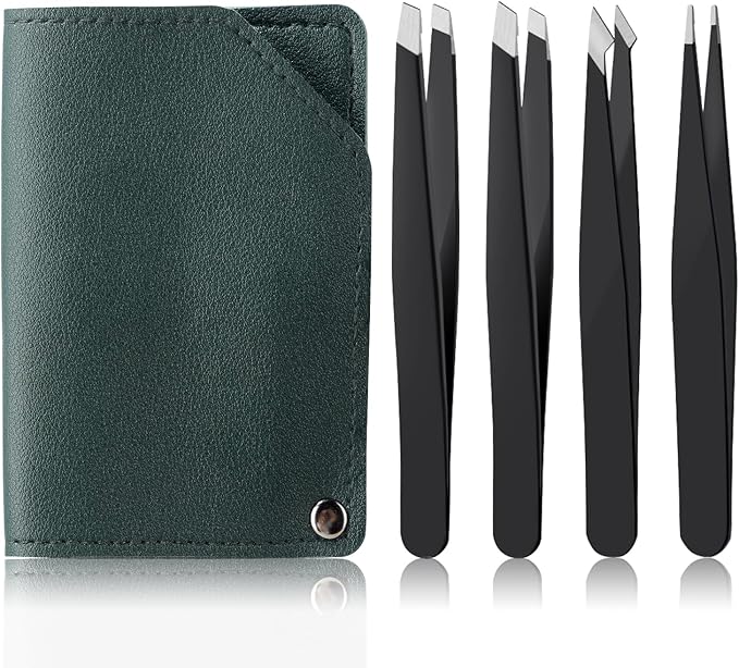 MSQ Tweezers Set with Travel Bag, 4Pcs Professional Stainless Steel Tweezers for Eyebrows，Great Precision for Women & Men Facial Hair, Ingrown Hair Removal