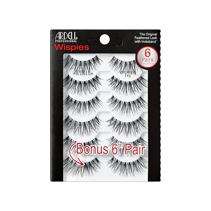 Ardell Wispies False Eyelashes 113 – Natural Wispy Strip Lashes, Lightweight & Seamless Invisiband for All-Day Wear, 6 Pairs, 1 Pack