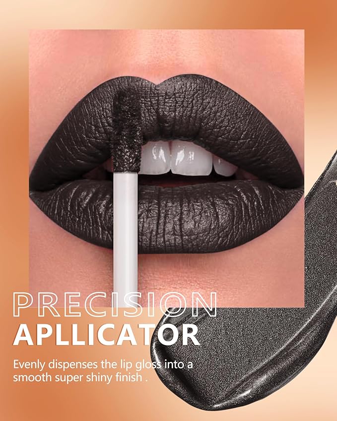 MAKI YIKA Metallic Lipstick for Women Black Lipsticks Long Lasting Glitter Lipstick No Smudge No Transfer Full-Coverage Liquid Lip Gloss (BR14 Midnight)