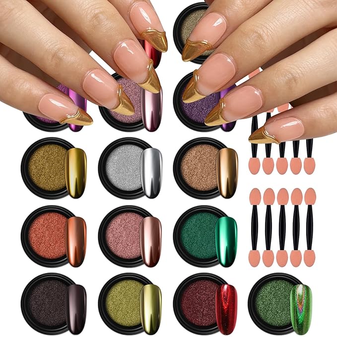 Artdone 16 Jars Chrome Nail Pearl Powder Silver and Gold Mirror Iridescent Aurora Metallic Nail Pigment Pearlescent Mermaid Pigment Pearl Dust Kit, Nail Art Decoration, Acrylic Resin Craft