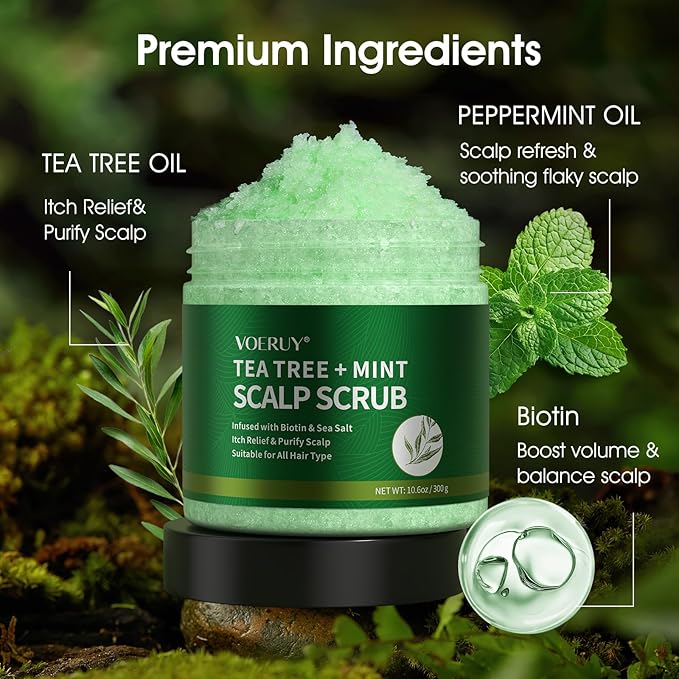 VOERUY Scalp Scrub, Tea Tree Scalp Exfoliator Scrub Shampoo, 2-in-1 Scalp Treatment with Mint Oil, Hair Treatment to Clarify and Remove Build up with Silicone Scalp Massager, 10.6oz/300g