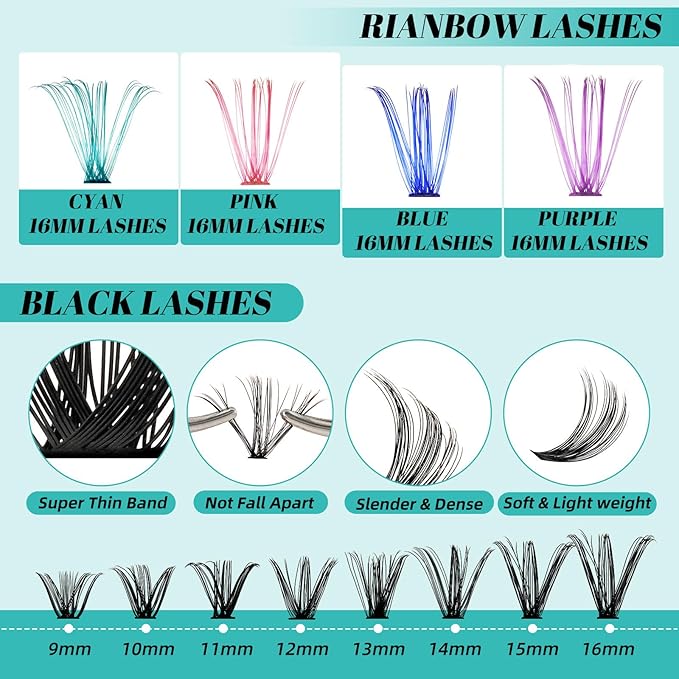 Lash Clusters Kit,DIY Individual Lashes Extension Kit,Lash Bond And Seal,Lash Remover For Eyelashes Extensions,Lash Applicator Tool For False Eyelash Cluster Kit（320PCS, Colorful 40D, 9-16mm）