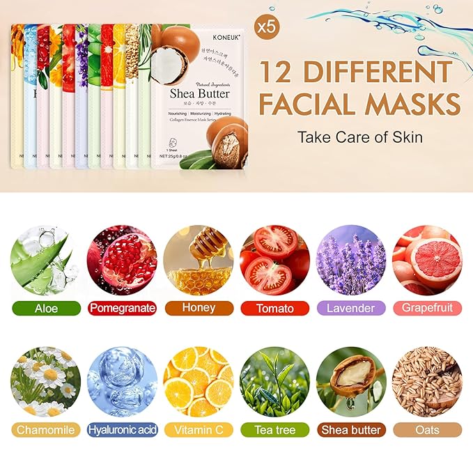 KONEUK 60 Pack Collagen Essence Face Masks Skincare for Women, Hydrating Sheet Face Masks Suitable for Dry and Sensitive Skin, Bulk Facial Masks for Women Skin Care, Face Mask Gifts Set for Spa Party