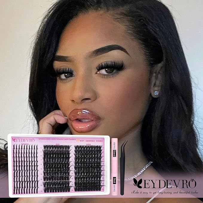 EYDEVRO Lash Clusters with Spikes Wispy Eyelash Clusters Kit 12-20mm Spikes Lash Clusters 10-18mm 80D 100D Volume Cluster Eyelash Extensions Cluster Lashes Kit Individual Lashes Lash Bond and Seal
