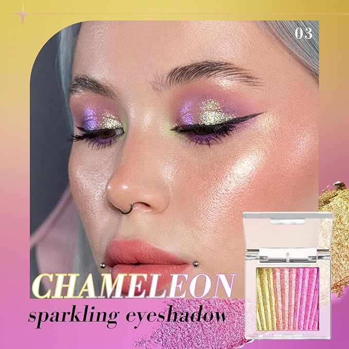 Pink Glitter Eyeshadow, Half Magic Eyeshadow Palette, 3 Color Gold-Pink-Purple Chameleon Iridescent Holographic Glitter Cream Eye Shadow, #03