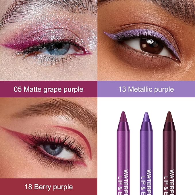 Ownest 3Colors Matte & Metallic Purple Gel Eyeliner Pen，Metallic-Finish Eyeliner Pencil Set for Women， Professional Eye Makeup Set - Colorful Eye liner with Sharpener