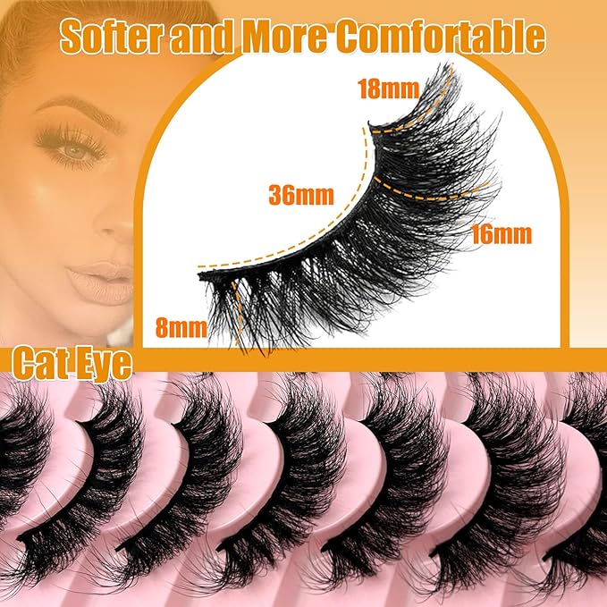 loladook Mink Lashes Cat Eye Wispy 18mm Fluffy Strip Lashes Pack C Curl Natural Flase Eyelashes 3D Long Cateye Faux Mink Eyelashes Bulk
