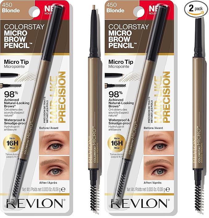 Revlon ColorStay Micro Eyebrow Pencil with Built In Spoolie Brush, Infused with Argan and Marula Oil, Waterproof, Smudgeproof, 450 Blonde, 0.003 oz (Pack of 2)