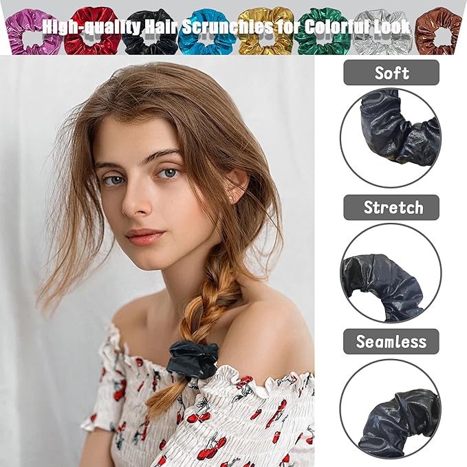 12 Pcs Scrunchies for Women, Shiny Metallic Satin Hair Bands, Bulk Elastic Hair Scrunchie for Thick Hair, Colorful Hair Accessories for Ponytail Holder(Classic Metallic)