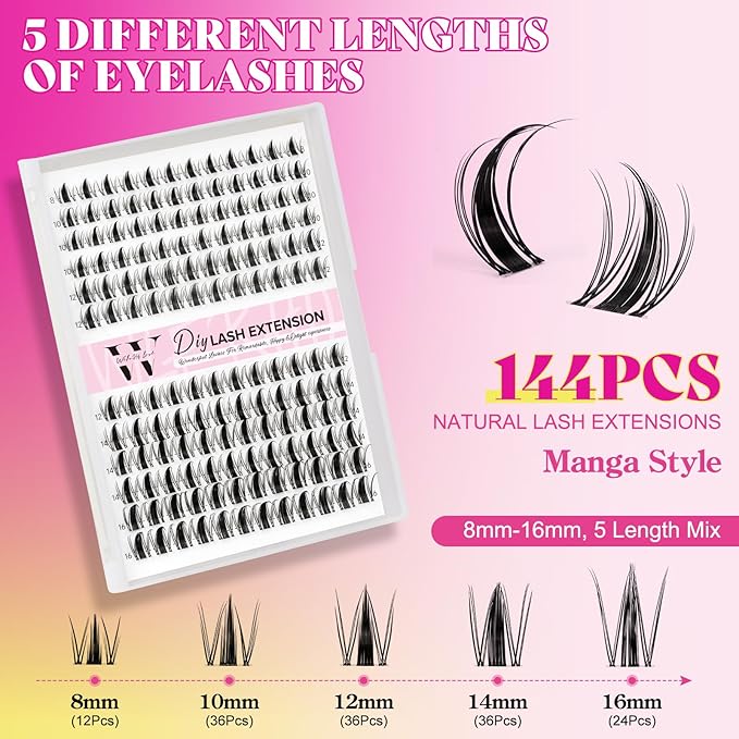 Fairy Lash Clusters 144pcs DIY Wispy Manga Style Natural Look Manga Eyelash Clusters D Curly Cluster Eyelash Extensions Individual Anime Lash Extension with Invisible Thin Band(8-16mm-Mixed)