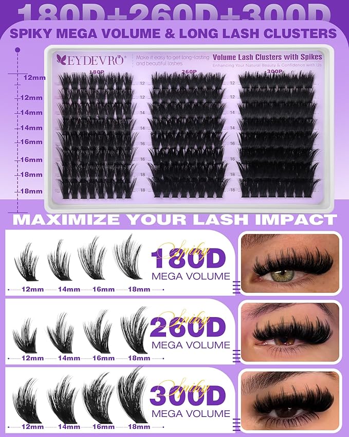 EYDEVRO Volume Lash Clusters Kit with Spikes Fluffy Eyelash Clusters Kit Manga Lash Clusters 180D260D300D Cluster Eyelash Extensions 12-18mm Mega Volume Thick Long D Curl Lash Extension Kit