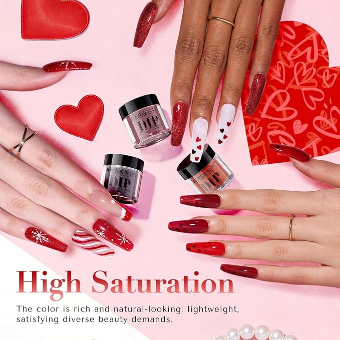 AZUREBEAUTY Dip Powder, Red Glitter 6 Colors Dipping Powder Starter Kit with Heart-Shaped Sequins French Nail Art Manicure DIY Salon Valentine's Day Gift for Women, No Need Nail Lamp Cured