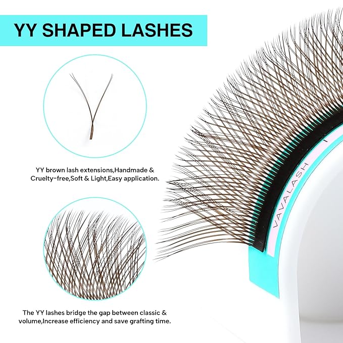 VAVALASH YY Lash Extensions Brown Color Tray Easy Premade Volume 2D Fans Eyelash Extension YY Type Natural Volume Lashes Extension Soft Matte Black Lashes (Brown-YY-0.07-C-8-15mm)