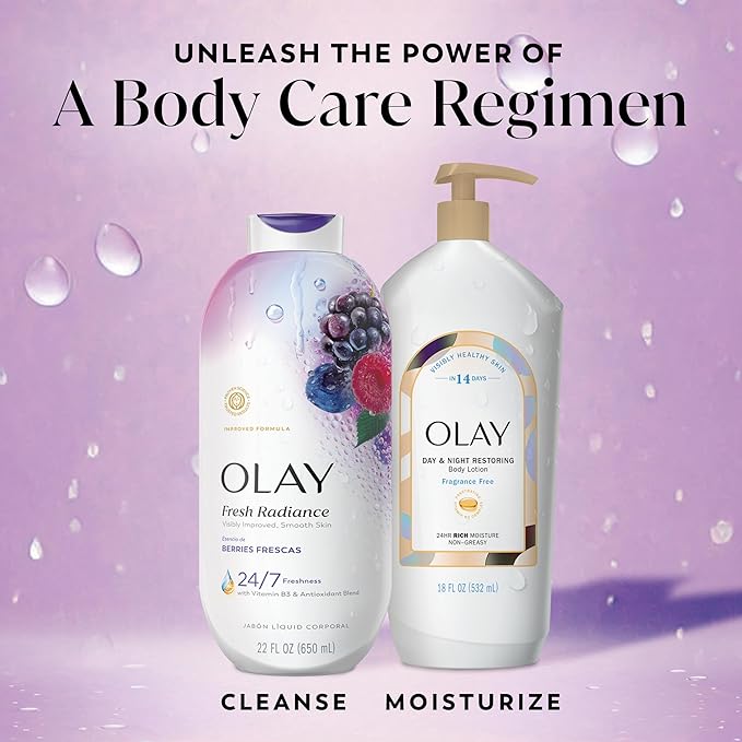 Olay Body Wash for Women, Fresh Radiance, 24/7 Skin-Loving Freshness, Visibly Radiant, Plant Based Cleansers, Vitamin B3 & Antioxidant Blend, For All Skin Types, Berries Frescas Scent, 22 fl oz