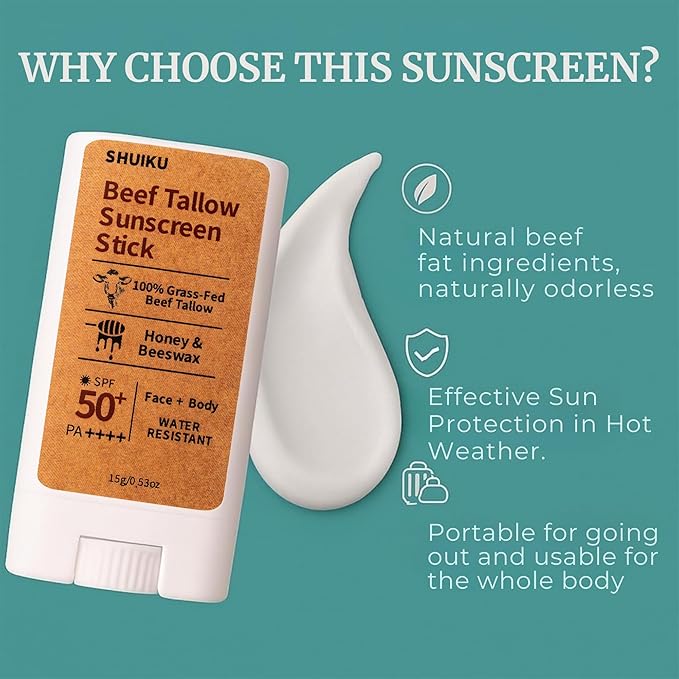 Beef Tallow Sunscreen Organic Stick SPF 50 – Non Nano Zinc Oxide Tallow-Based Mineral Sunscreen with Honey & Beeswax for Face & Body, Water-Resistant Natural Sunblock, 0.53 oz