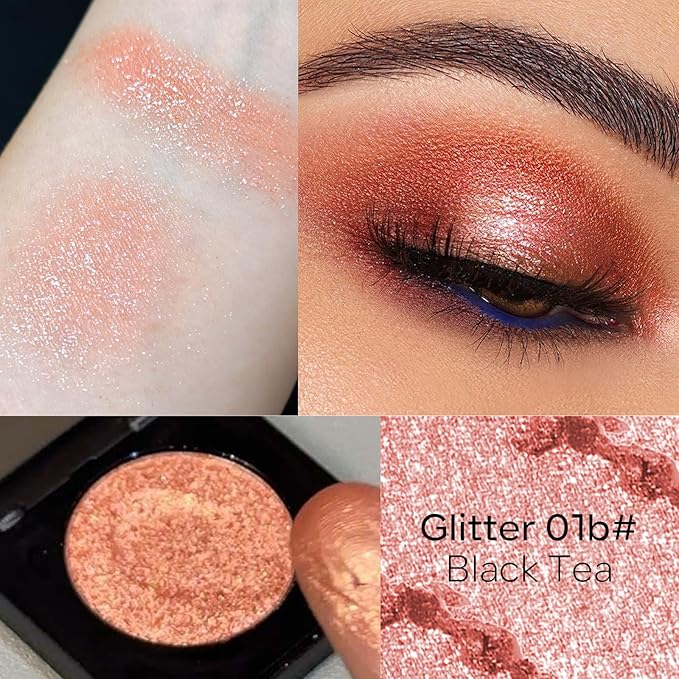 KYDA Glitter Eyeshadow Single, Sparkling Golden Orange Brown Eyeshadow, Lasting Shimmer Pearl Eyes Shadow, Soft Blendable Formula, High Pigment Eyes Glitter Makeup, Wet Look Effect, Black Tea