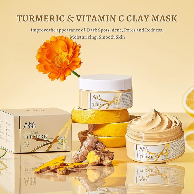 Turmeric Vitamin C Face Mask, Deep Cleansing Clay Mask for Dull Skin, Skincare Facial Mask for Refining Pores and Controlling Oil, Smooth & Radiant Skin, Face Skincare Gifts, 4.23 OZ