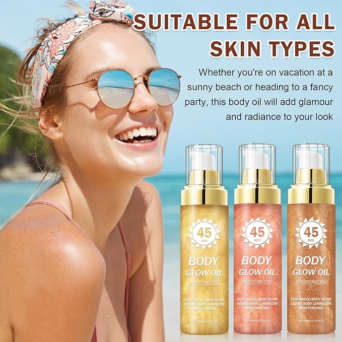 Shimmer Sunscreen,SPF 45 Broad Spectrum,Body Shimmer Oil with Gold Mica,Moisturizing Coconut,Water Resistant Body Glow Oil,Glowing Results,3.72 fl oz,AMBER