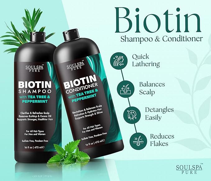SOULSPA PURE Biotin Peppermint & Tea Tree Shampoo and Conditioner Set - Sulfate Free Scalp Care for Thinning & Color-Treated Hair - Clarifying Formula for Men & Women - Made in USA - 16 fl oz Each