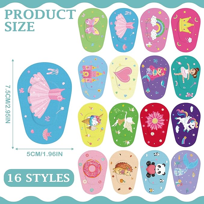 Timgle 80 Pcs Adhesive Eye Patches for Kids Girls 16 Styles Toddler Eye Patches Bulk Latex Free Light Blocking Fun Cute Designs Cotton Adhesive Bandages for Kids Toddler Girls Boys