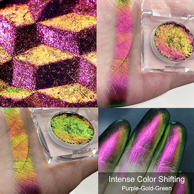 DE’LANCI Multichrome Iridescent Glitter Eyeshadow Makeup, Intense Color Shifting Single Chameleon Eyeshadow Palette, Super Pigmented Pink Rose Gold Green Shimmery Duo Chrome Colorful Eye Shadow