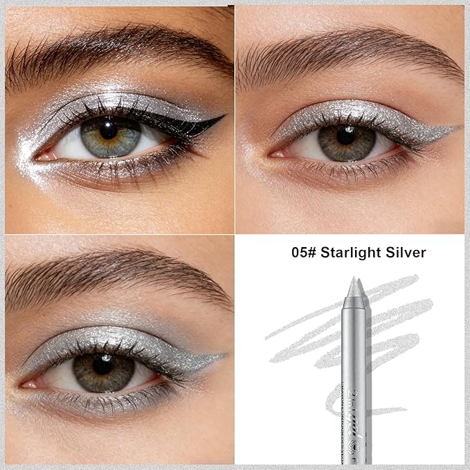 Silver Shimmer Eyeliner Pencil,Smudge-proof Waterproof Long Lasting Eye Liner, High-Pigmented Smooth Creamy Formula for Mature Women, Eyes Makeup Pen Includes Sharpener-#5Silver Shimmer