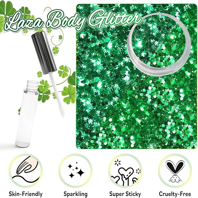 Laza 2 Jars St. Patrick’s Day Body Glitter Iridescent Chunky Sequins with Glitter Glue Women Eyeshadow Makeup Face Paint Festival Rave Outfits Hair Accessories Carnival Party Costumes - Lush Clove
