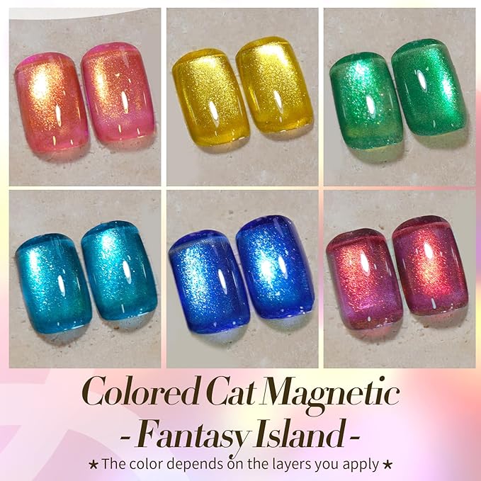 Born Pretty Cat Magnetic Eye Gel Nail Polish 6 Colors Neon Shimmer Blue Green Pink Holographic Magnetic Gel Polish,Spring Summer Aurora Rainbow Glitter, Soak Off UV LED Gels for Manicure DIY at Home
