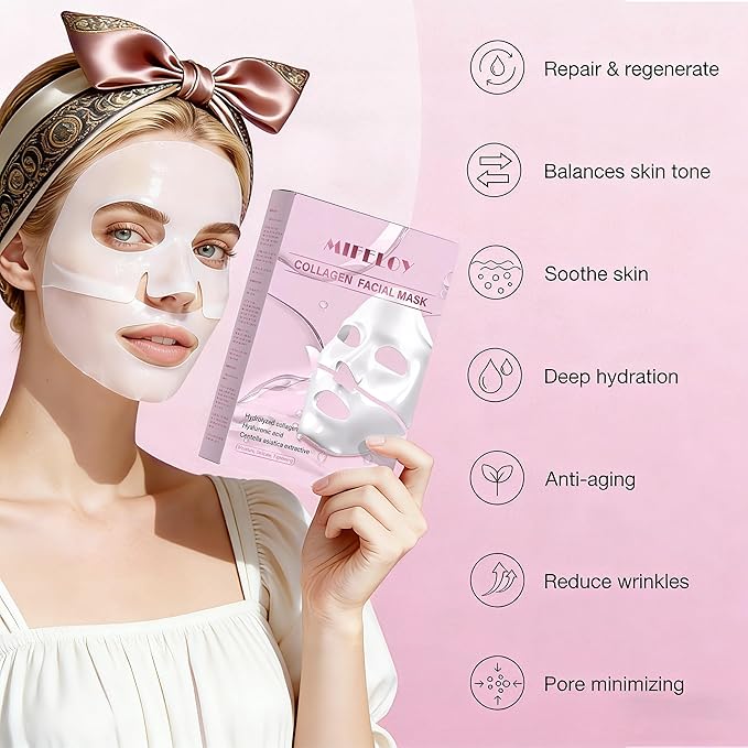 7 Pack Collagen Face Mask for Women, Hydrating Hydrogel Sheet Mask for Skin Elasticity & Pore Minimizing, Face Mask Skincare, Self Care Gift Set