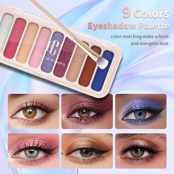 Color Nymph Makeup Kit for Women, Girls Beginner All In One Makeup Set with Sequin Bag, 9-Color Eyeshadow Palette, Lip Gloss, Eyeliner, Mascara - Orange Blue, Sparkling Party Wedding Evening Bag