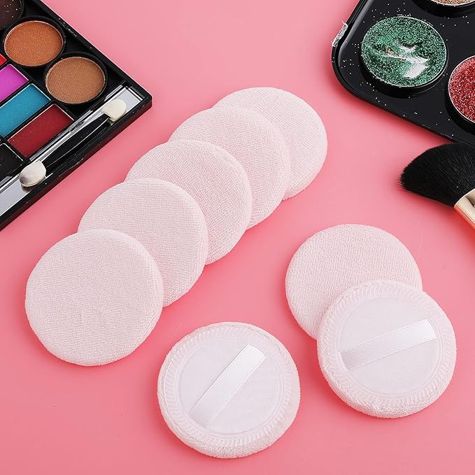 Sibba 12 Pcs Loose Powder Make Up Puff Pink Cotton Pads Face Body Makeup Velour with Ribbon Applicators Setting Round Make Up Eyeshadow Concealer Cosmetics Sponge