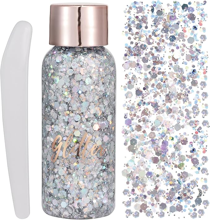 Mermaid Sequins Chunky Glitter Liquid Eyeshadow Glitter Body Gel Festival Glitter Cosmetic Face Hair Nails Makeup Long Lasting Sparkling 30g (#102 Silver)
