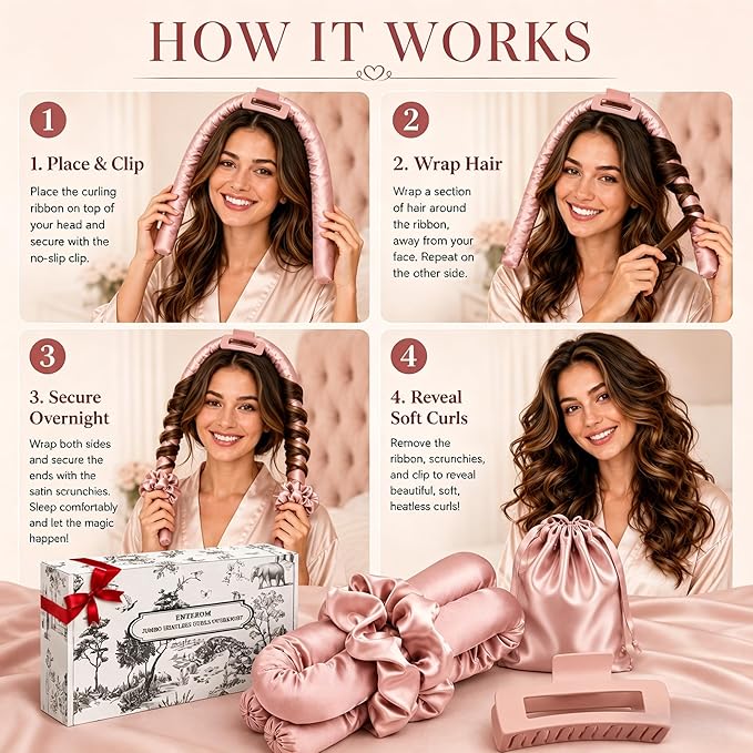 EnteromMuse Heatless Curls Overnight Satin Curling Set No Heat Hair Curler for Long & Short Hair, Heatless Curling Rod&Rollers for Soft Bouncy Curls Complete Kit with Storage Bag(Pink, Original)