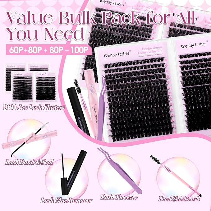 Wendy Lash Clusters Kit Packs: 980-Pcs, 60D, 80D, 80D, 100D, D Curl, 10-18mm Mixed, Cat Eye, Soft, Natural, Fluffy, DIY Eyelash, Individual, Eye lash clusters, Bulk Pack