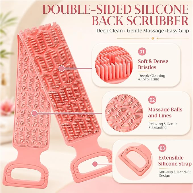 Manmihealth Silicone Back Scrubber for Shower, 33.8'' Exfoliating Body Scrubber with Long Strap Handle, Dual-Sided Extendable Back Washer for Men and Women (Pink)