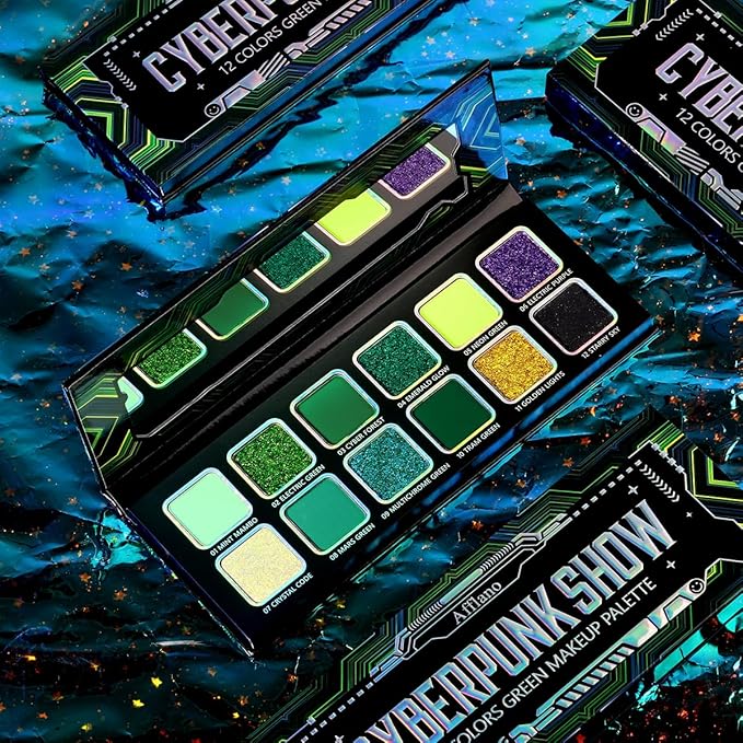 Green Eyeshadow Makeup Palette, 12 Colors Neon Emerald Green Glitter Holographic Eyeshadow with Matte Shimmer for Brown Eyes, Pigmented Silky Long Last Forest Eye Shadow for Witch, Shrek, Party, Vegan