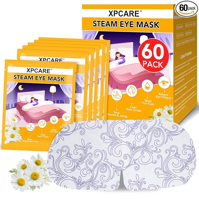 XPCARE 60 Pack Steam Eye Masks for Dry Eyes, Self Heated Steam Warm Eye Mask, Disposable Heated Eye Mask for Dark Circles, Puffy Eyes, Relief Stress Eye Fatigue（Chamomile）