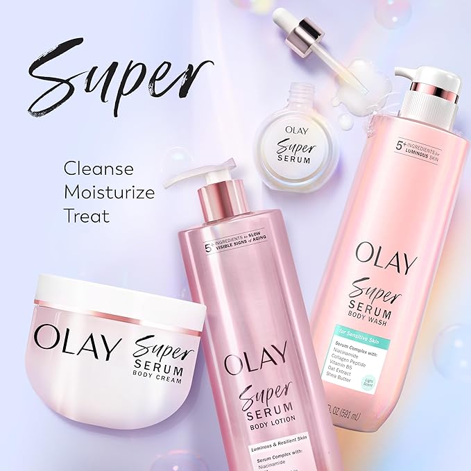 Olay Super Serum Body Wash for Sensitive Skin, 24hr Long Lasting Rich Hydration, 5+ Ingredient Complex for Bright, Even, Firm & Luminous Skin, with Collagen Peptide, Vitamin B5 & Shea Butter, 20 fl oz