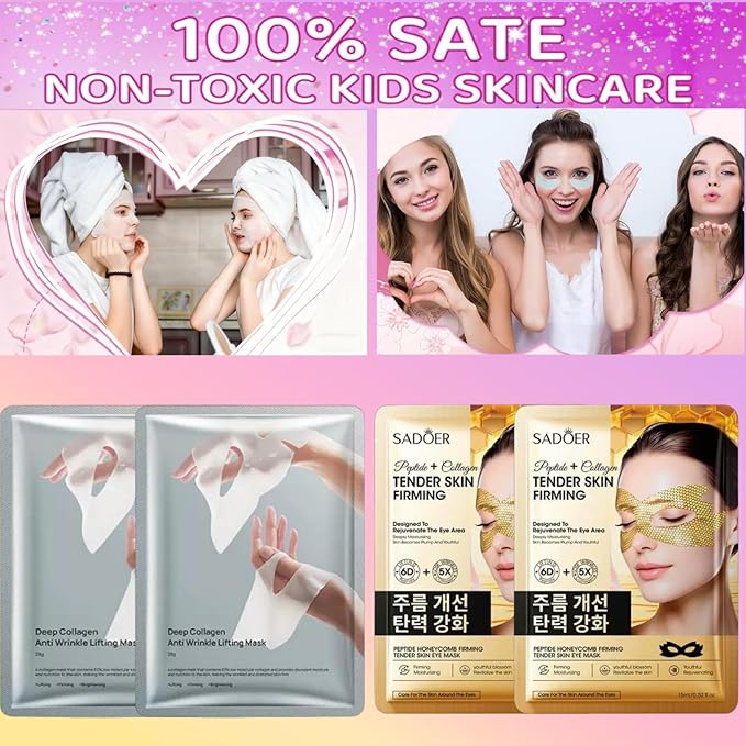 16 PCS Spa Party Supplies for Girls，Spa Party Favors Include Facial Masks, Lip Mask & Under Eye Patches, Hand Masks, Foot Masks &Cervical Masks for Girls, Sleepover Party gifts