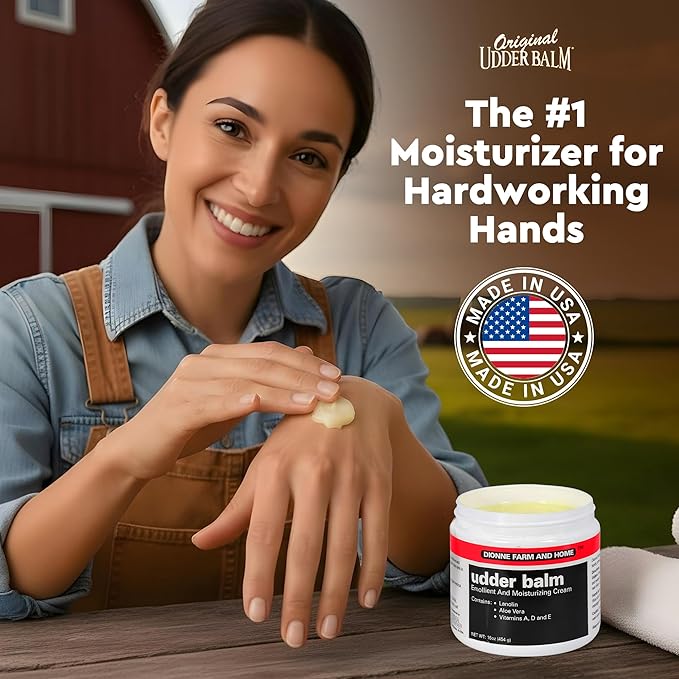 Dionne Farm and Home Udder Balm – Made in USA – Lanolin Healing Skin Care Cream for Dry, Cracked Hands – Non-Greasy Working Hands Cream & Body Moisturizer for Dry Skin Relief, 16 Fl Oz Jar