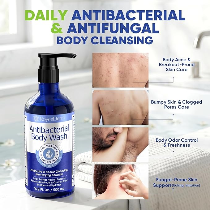 Roycederm Antibacterial & Antifungal Body Wash (16.9 fl oz) - Antibacterial Soap for Odor, Back Acne, Jock Itch, Athlete’s Foot & Eczema - Kills 99.9% of Germs & Bacteria - Non-Drying Daily Cleanse