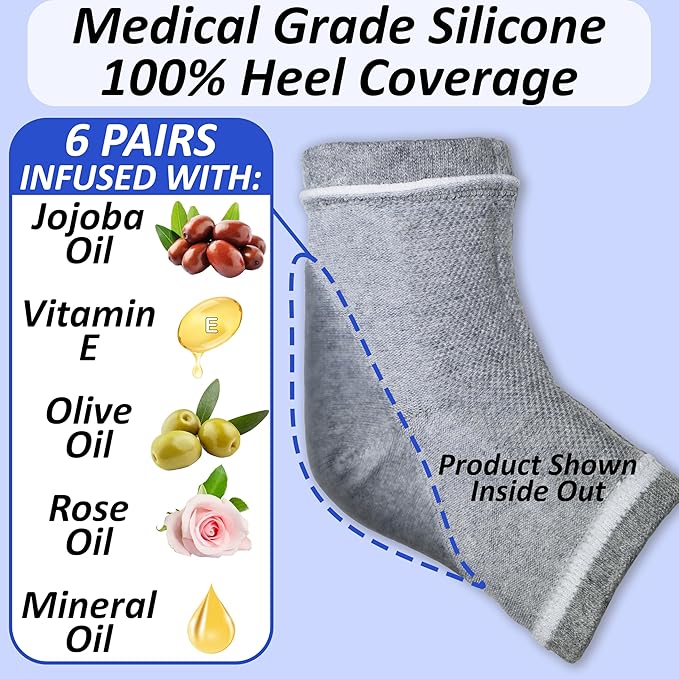6 Pairs, Moisturizing Socks for Cracked Heel Treatment: Socks for Cracked Heel Repair, Silicone Toeless Socks, Spa Gel Socks for Dry Cracked Feet Women, Lotion Moisture Pedicure Socks