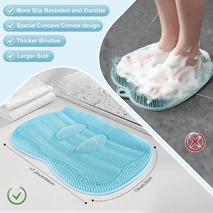 Bath Shower Foot Scrubber Mat - Silicone Shower Foot Scrubber Mat (XL) Cleaner Foot Toes Clean Pad Without Bending Non-Slip Suction Cups Bathroom mat 17.2 * 13 inch - Light Blue