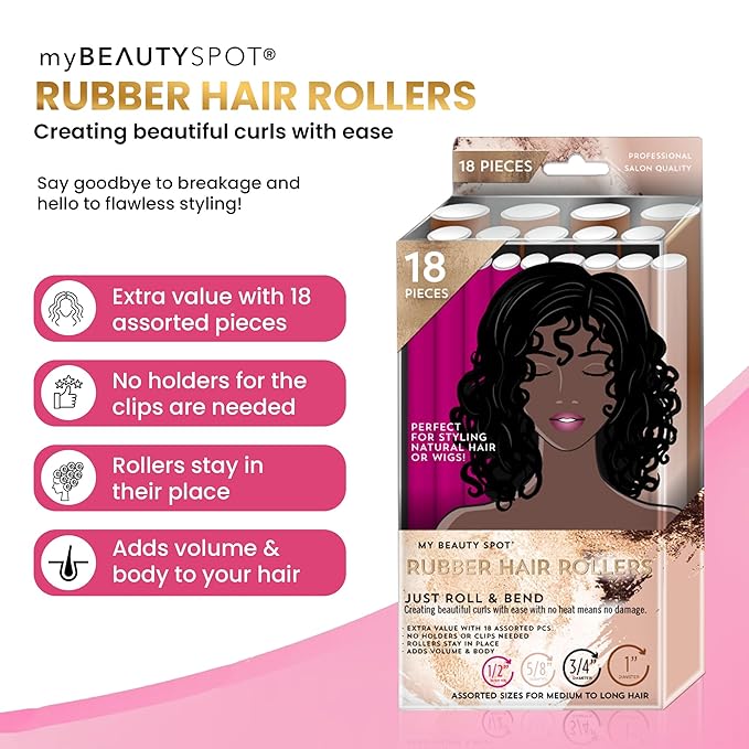 My Beauty Spot Flexi Rods Foam Hair Rollers 18 Flexi Rods 1/2", 3/4", 5/8", and 1" Diameter Professional Salon Quality 18 Pcs Rubber Hair Rollers for Short, Long, and Medium Hair