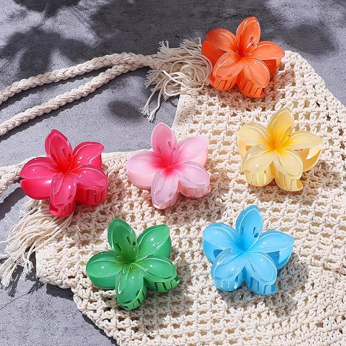 CHANDAT Flower Hair Clips 6 PCS Hawaiian Claw Clips for Vacation Hibiscus Hair Claw Clips Cute Large Hair Clips for Thick and Thin Hair Plumeria Hair Accessories for Women Girls - Blossom